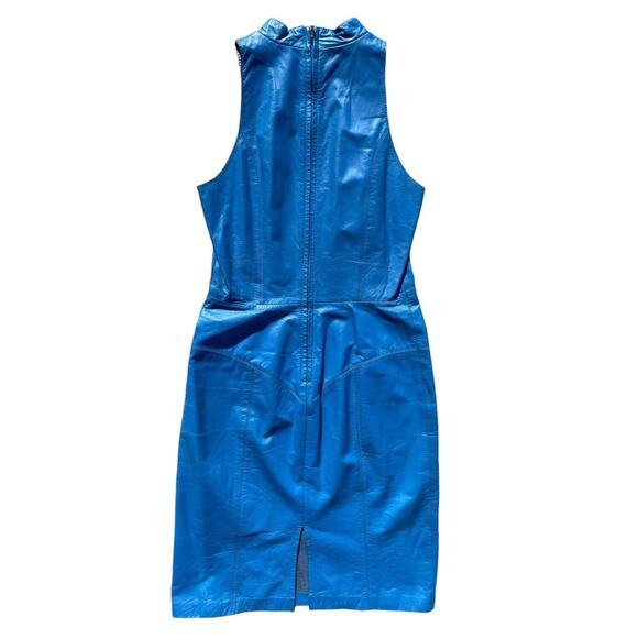 Vintage 80s Ambria Blue Leather Fitted Sleeveless High Neck‎ Dress Size 10 - Picture 11 of 13